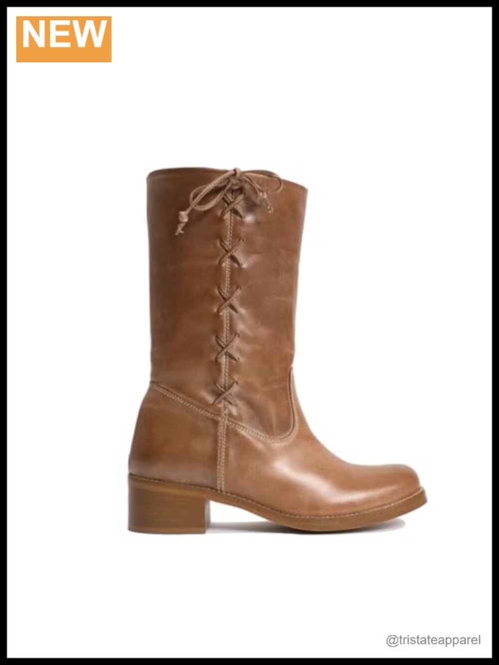 Vintage Mid Calf Side-Lace Riding Boots with Bow Round Toe Chunky Low Heel Pull